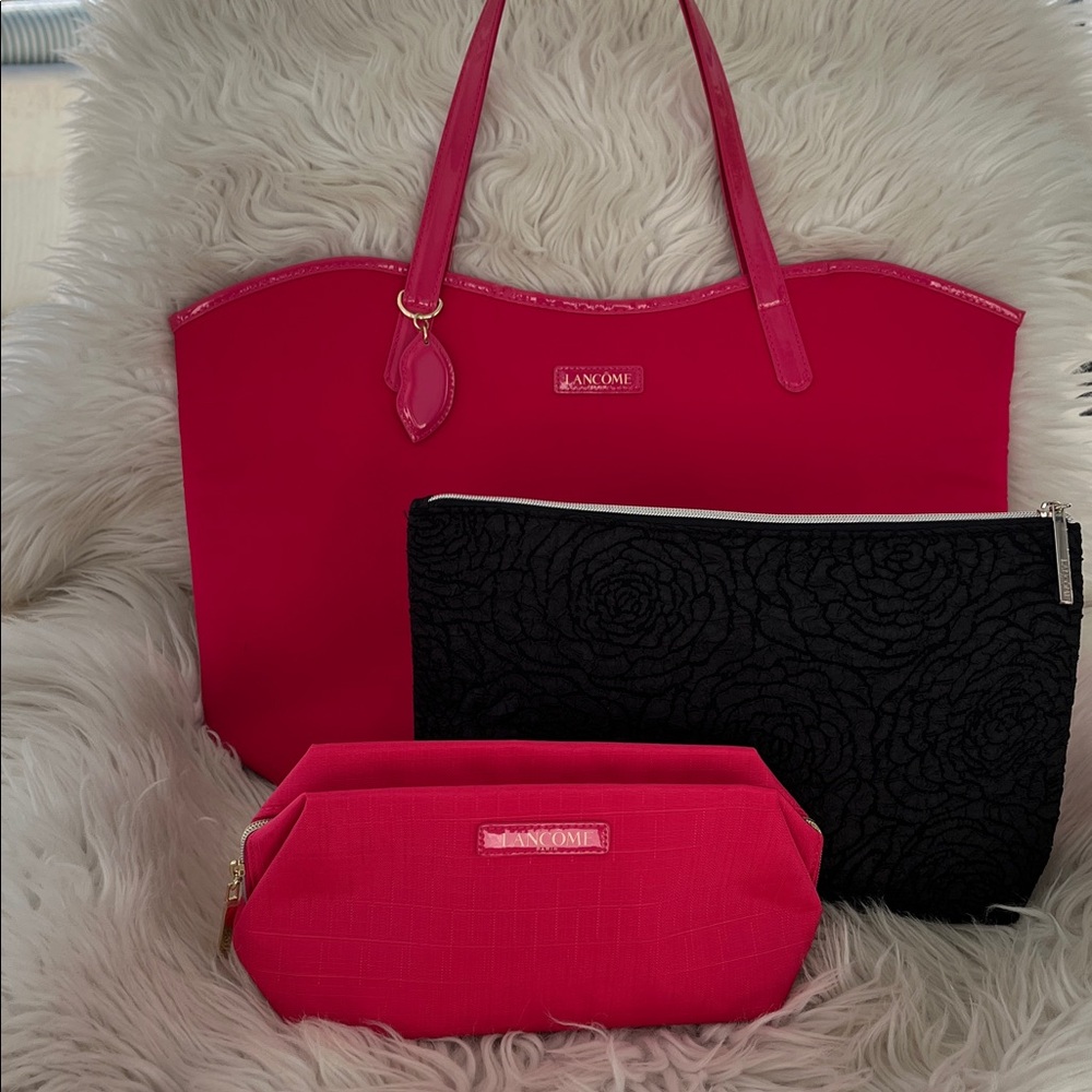 Lancôme BUNDLE! Reversible Pink Tote bag, 2 Cosmetic Bags ALL Brand New - Picture 1 of 16